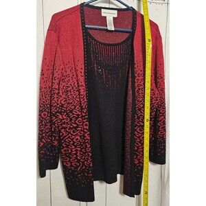 Black Cardigan Sweater with Red Leopard Rpots & Rhinestone Twin Set Cardigan L